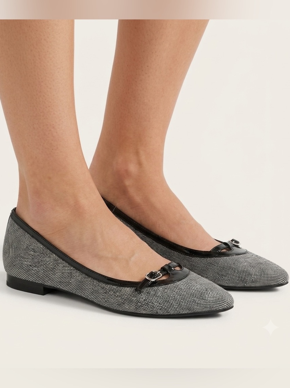 Kelly & Katie Black White Tweed Pointed Toe Ballet Flats Patent Trim Buckle Sz 8